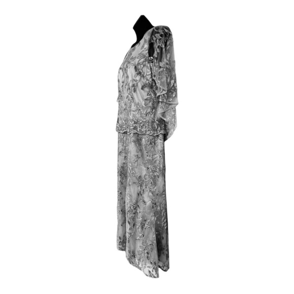 Midnight Velvet Sequin Floral Formal Gray Evening Gown Black Tie Maxi Maxi Dress - Picture 7 of 16